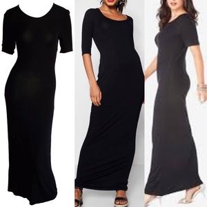 GO COUTURE black maxi dress Sz. S super long jersey short sleeve deep V-neck